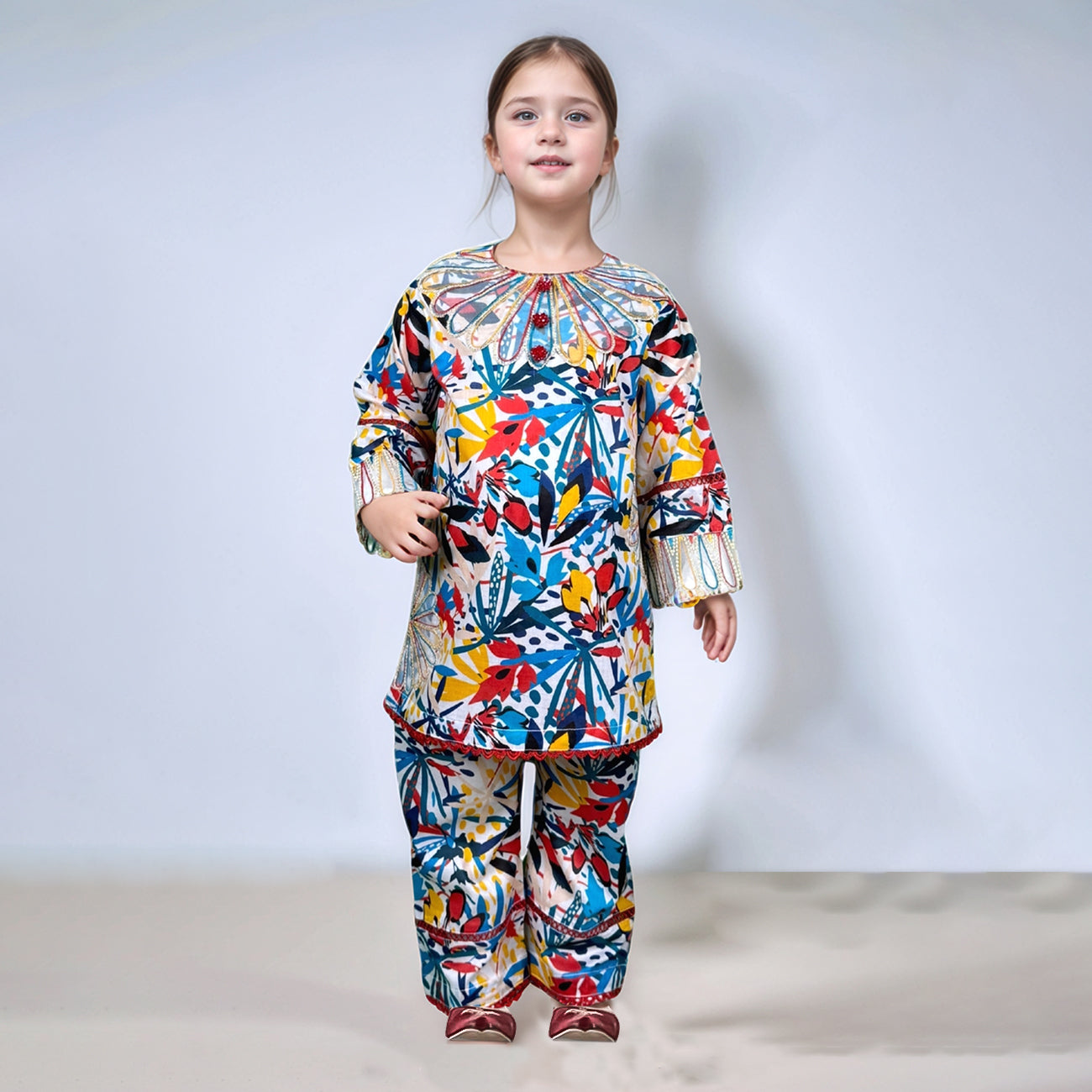 Girl's Colorful Leaf Printed Lawn