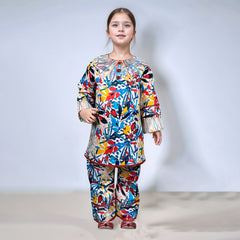 Girl's Colorful Leaf Printed Lawn
