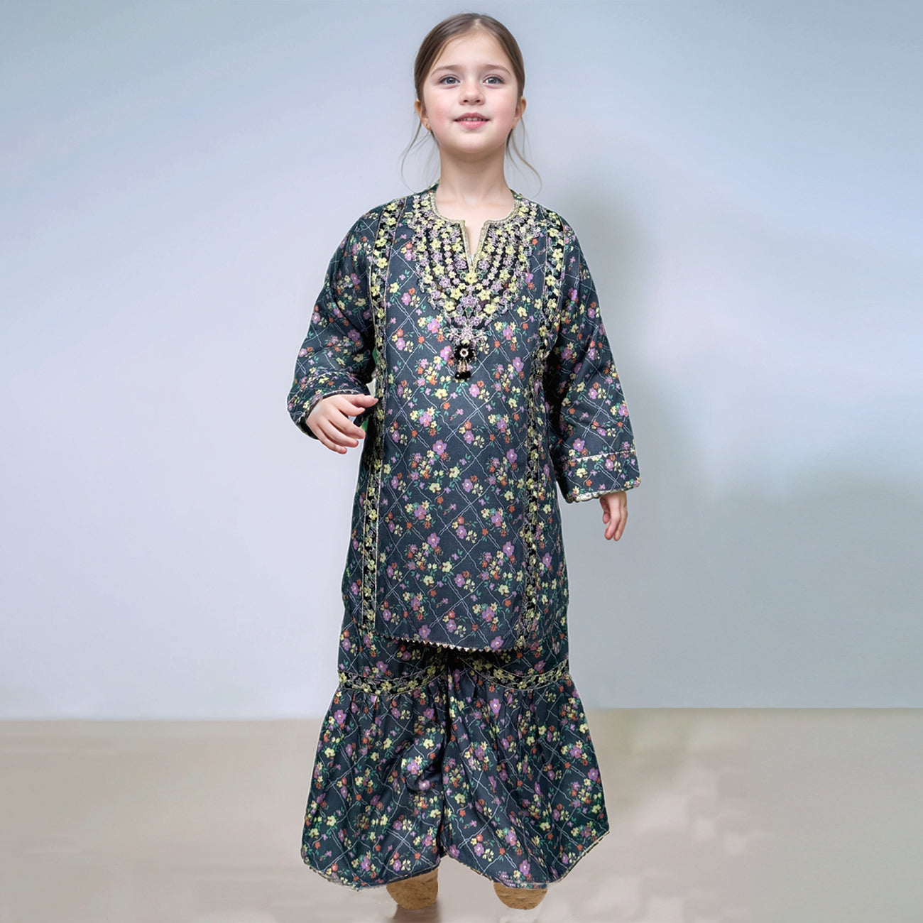 Girl's Grey Flowers Printed Lawn
