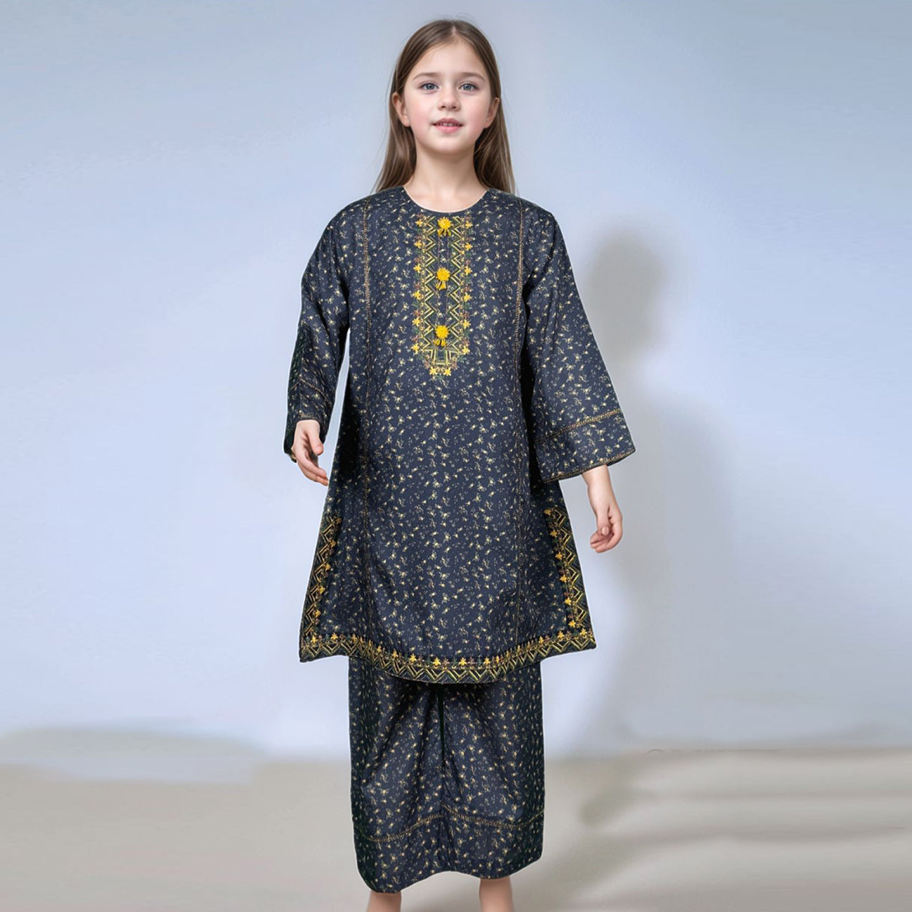 Girl's Grey Printed Lawn