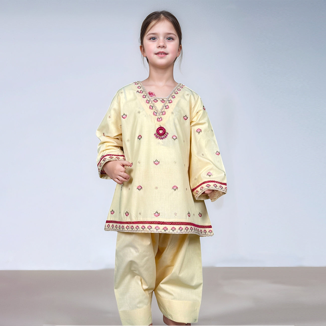 Girl's Off Yellow Printed Lawn