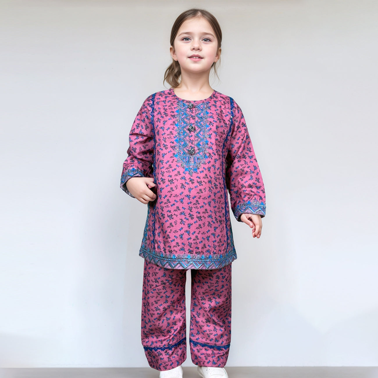 Girl's Purple & Blue leaf Printed Lawn