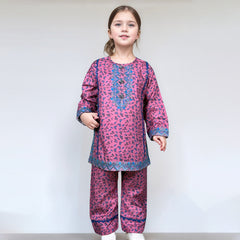 Girl's Purple & Blue leaf Printed Lawn