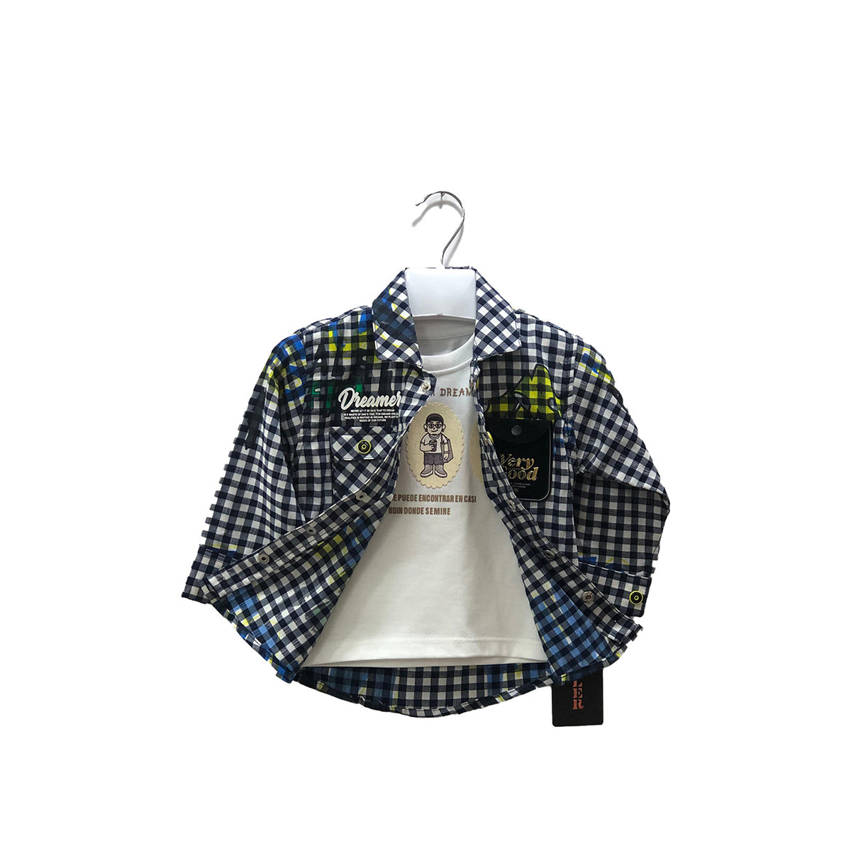 Boys Black Check & White Sando Shirt